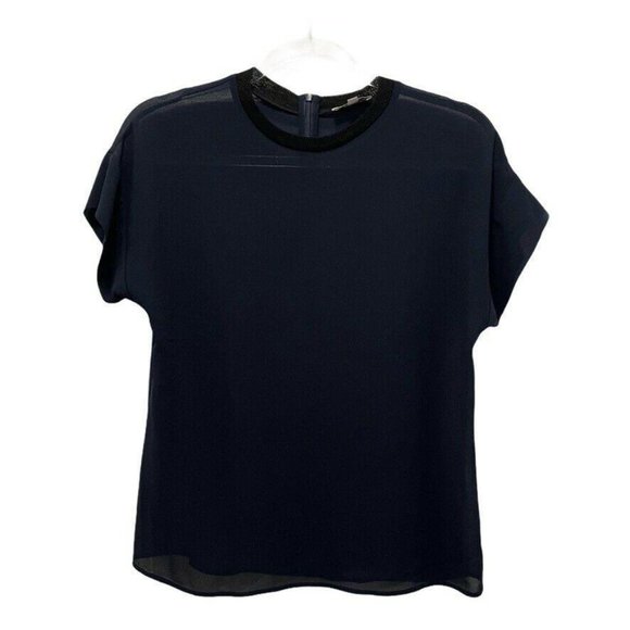 Reiss - Navy Blue Sheer Short Sleeve Blouse Black - Picture 1 of 9